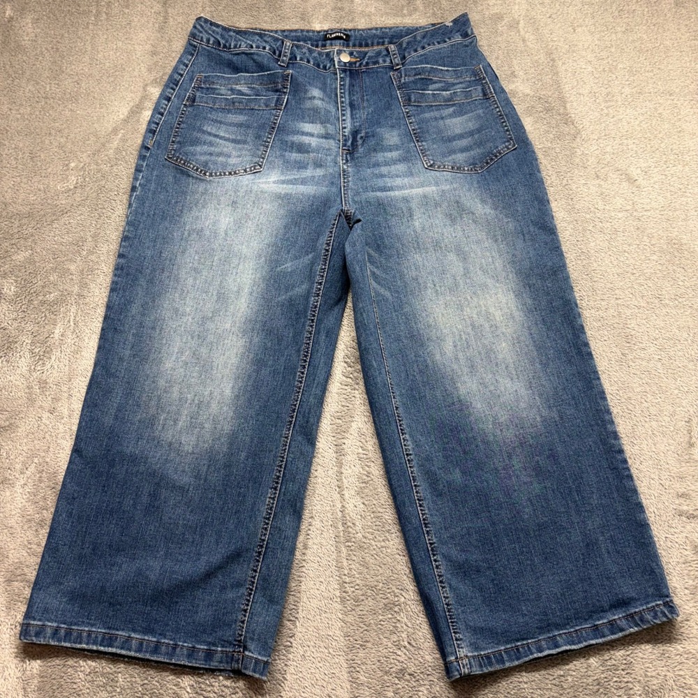 Flamingals Wide Leg Jeans Women 3XL Blue Good High Rise Patch Pocket Zip Fly